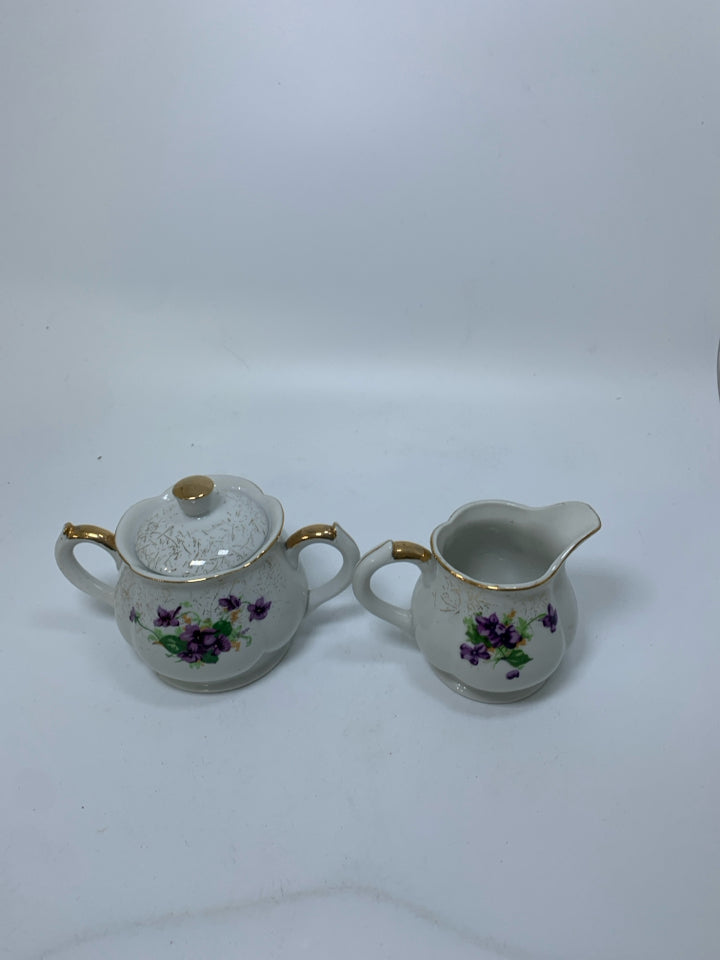VTG PURPLE FLOWERS SUGAR/CREAMER W/ GOLD EDGES.