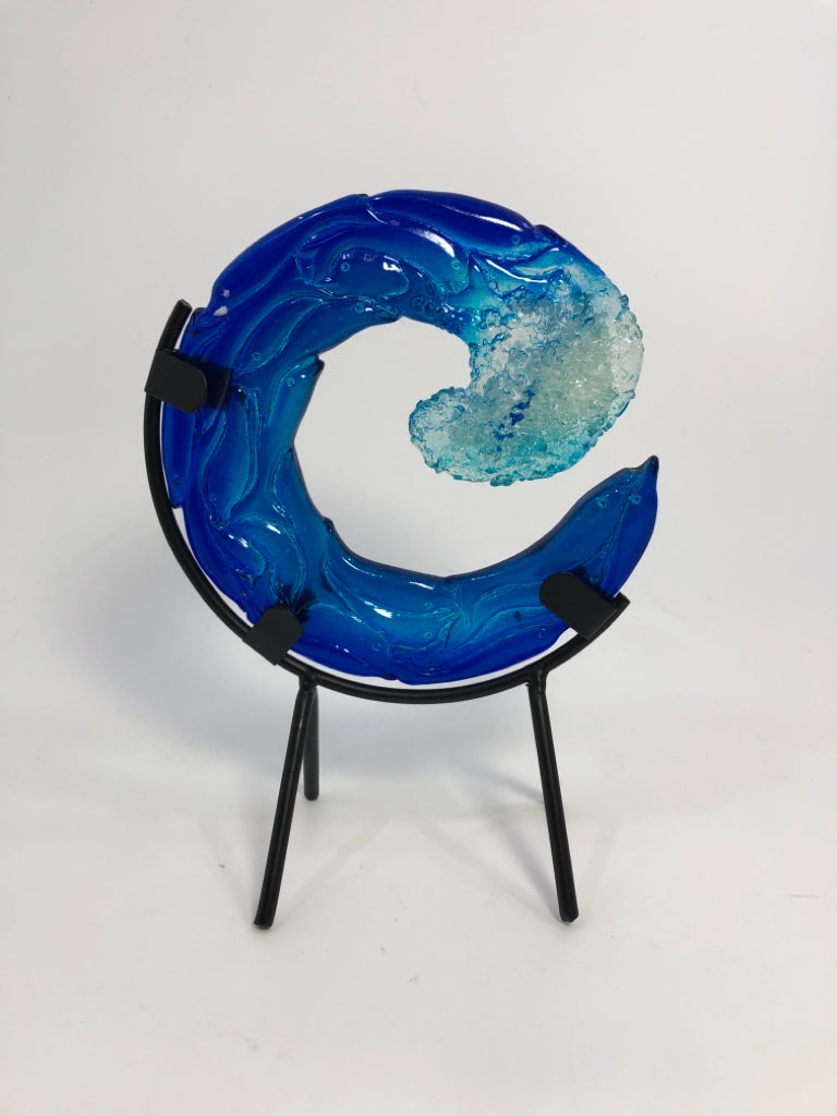 BLOWN GLASS WAVE ON STAND.