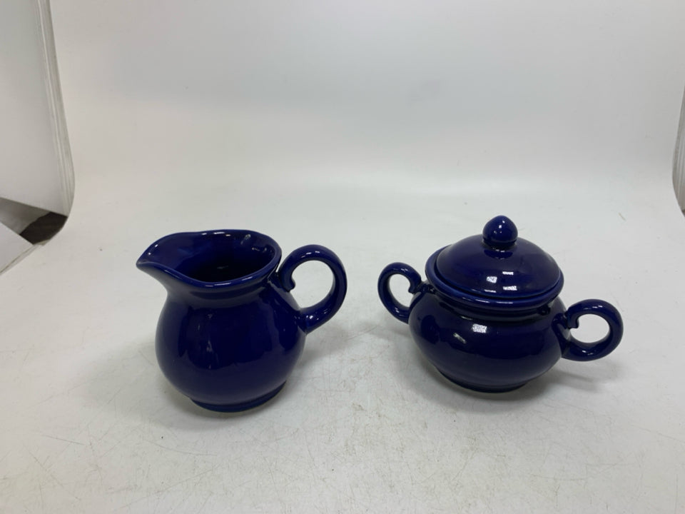 COBALT BLUE CERAMIC CREAMER/SUGAR SET.