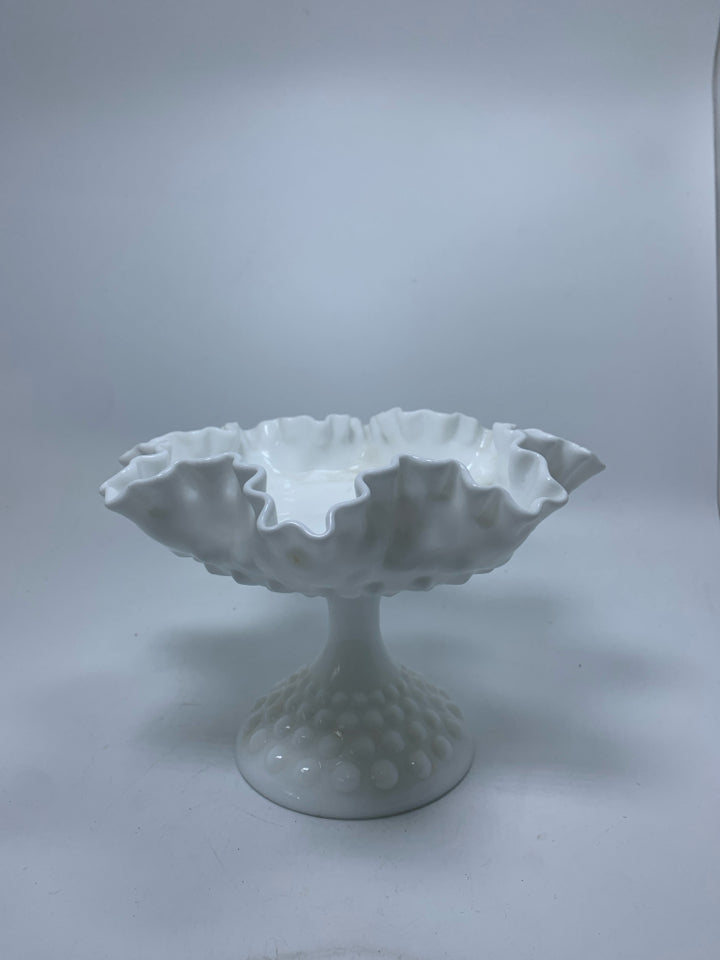 HOBNAIL MILK GLASS PEDESTAL BOWL W/ RUFFLED EDGE.