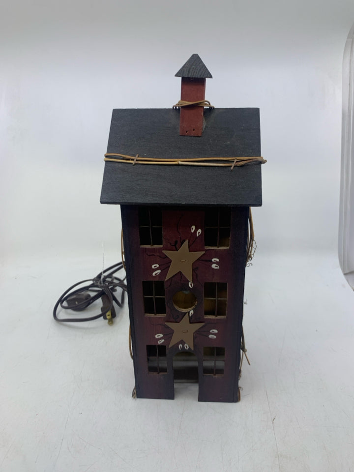 MAROON PRIMITIVE STYLE HOUSE W/ VINES/STARS.