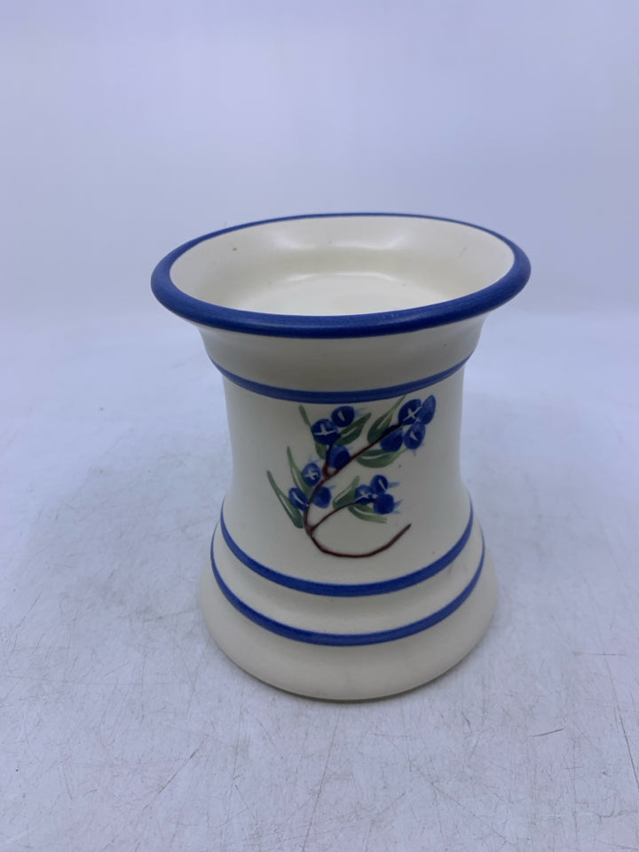 WHITE W/ BLUE LINES + BLUEBERRIES PILLAR CANDLE HOLDER.