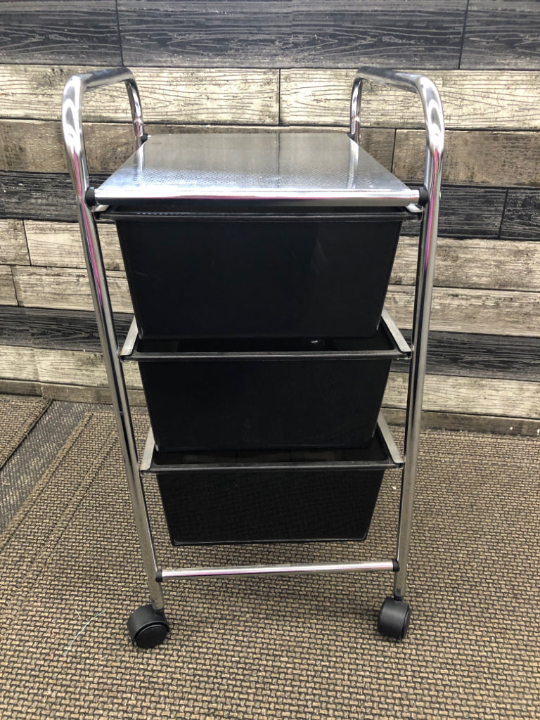 3 TIER BLACK PLASTIC/SILVER METAL STORAGE ROLLING CART.