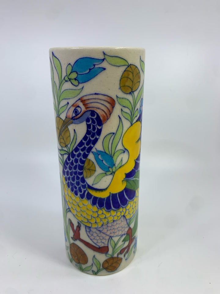 HAND-PAINTED COLORFUL PEACOCK VASE.