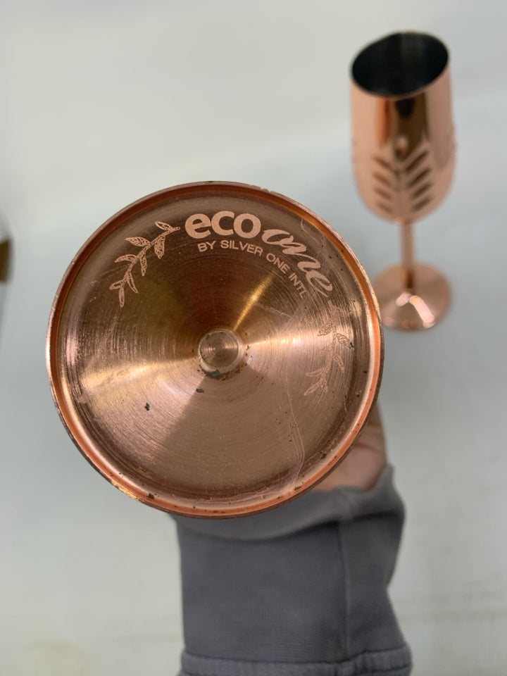 2 COPPER CHAMPAGNE GLASSES.