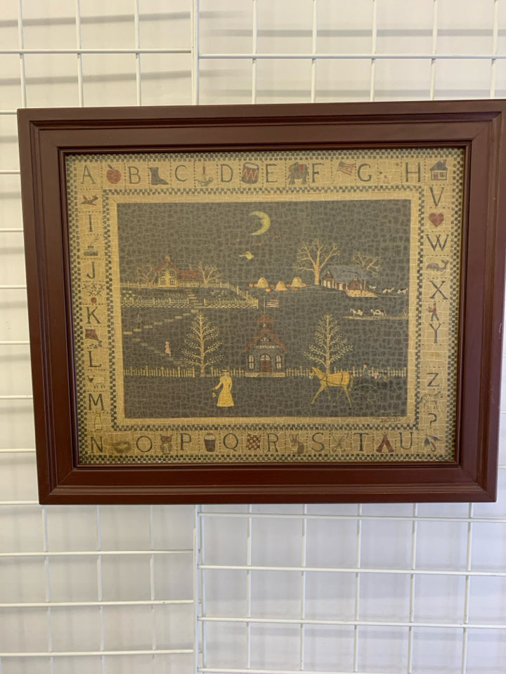 PRIM NIGHT SCENE W/ALPHABET BORDER & CRACKED FINISH.