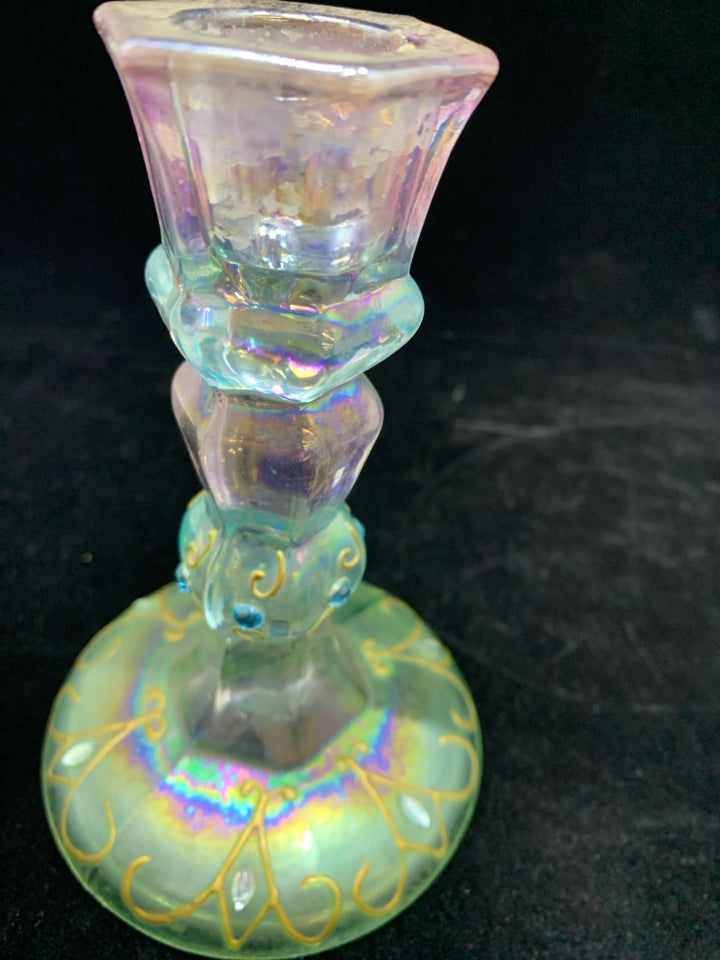 2 PASTEL COLORED GLASS CANDLE HOLDERS.
