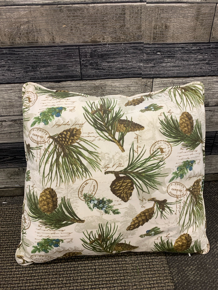 PINECONE AND STAMP THROW PILLOW.
