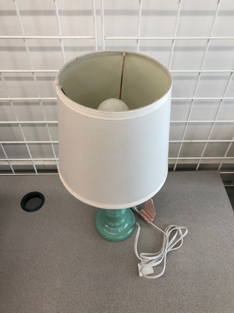 TEAL LAMP W/WHITE SHADE.