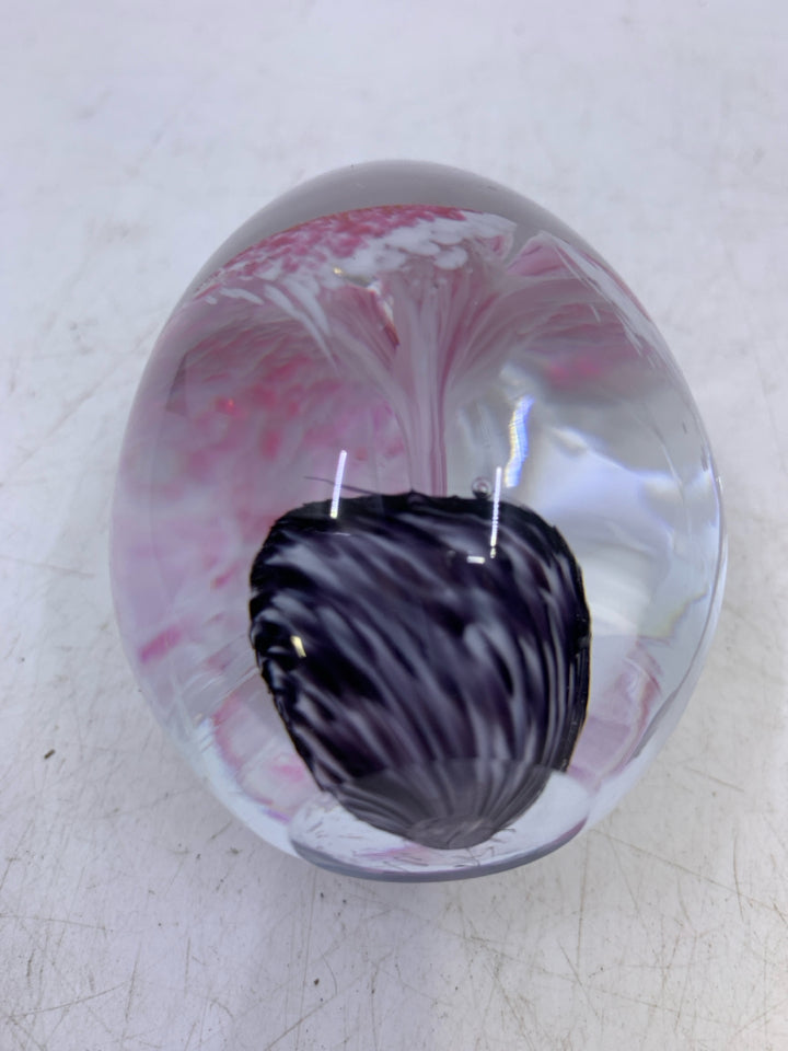 PINK, PURPLE FLOWER EGG SHAPED PAPER WEIGHT.