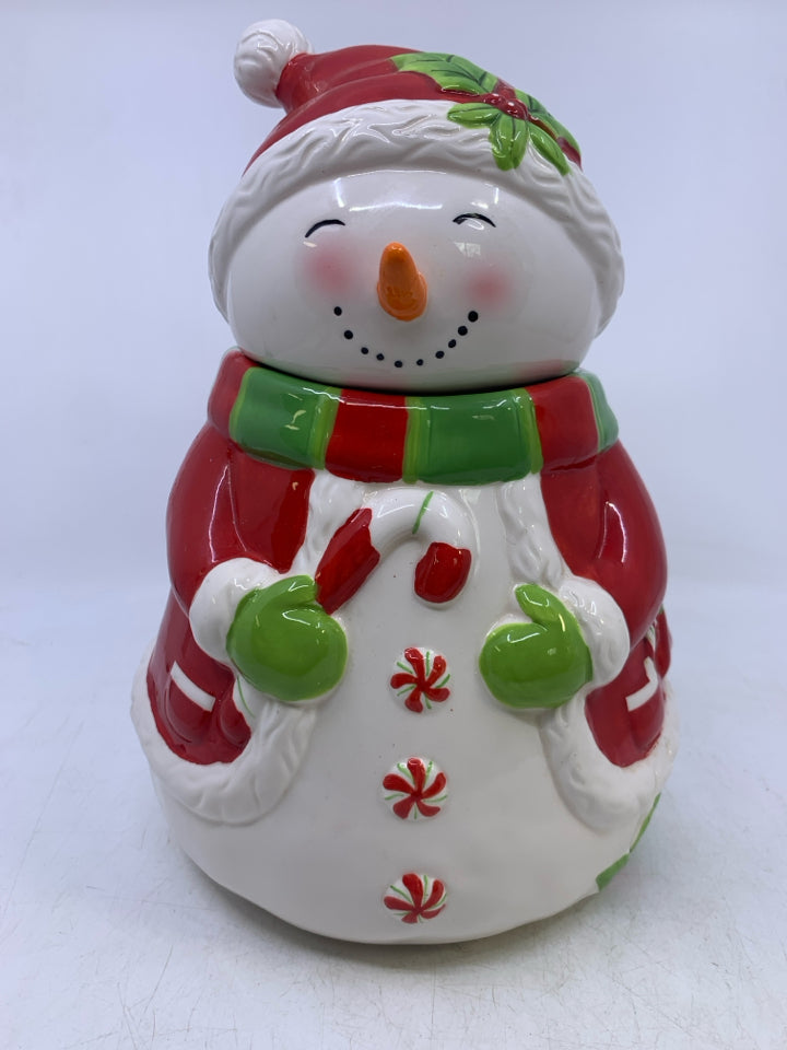 CERAMIC COOKIE JAR SNOWMAN DRESSED AS SANTA.