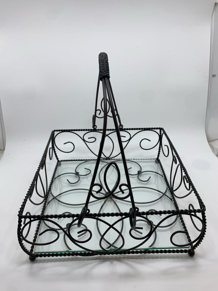 IRON SCROLL CENTERPIECE BASKET W/GLASS INSERT.