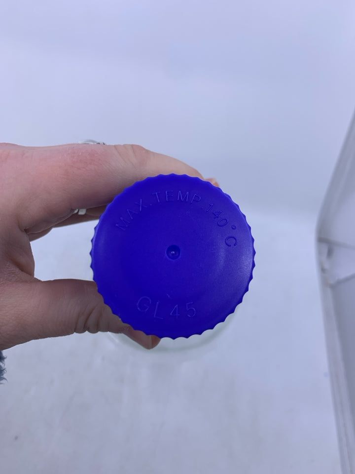 GLASS BEAKER W/ BLUE LID.