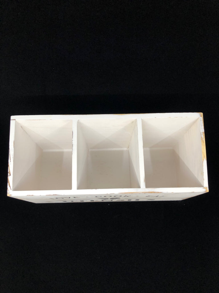 WHITE WOOD UTENSIL ORGANIZER BOX.