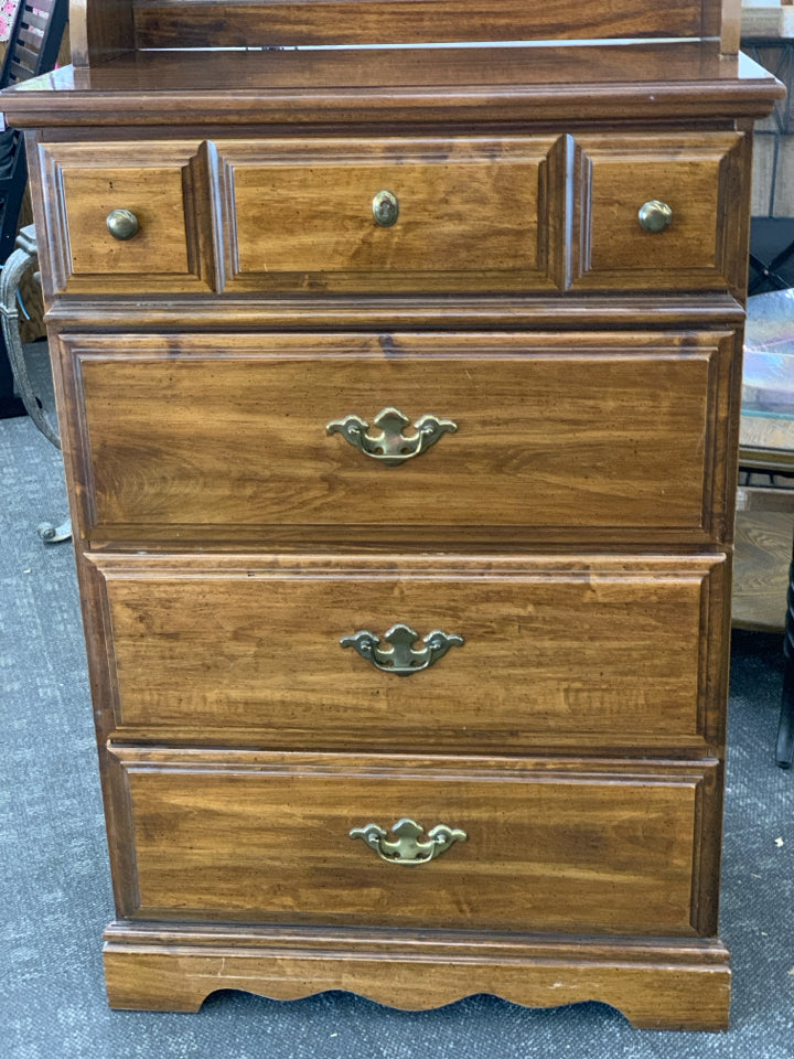 DARK WOOD TALL DRESSER HUTCH W/ 4 DRAWERS+ 2 SHELVES GOLD HARDWARE LEA THE BEDRO
