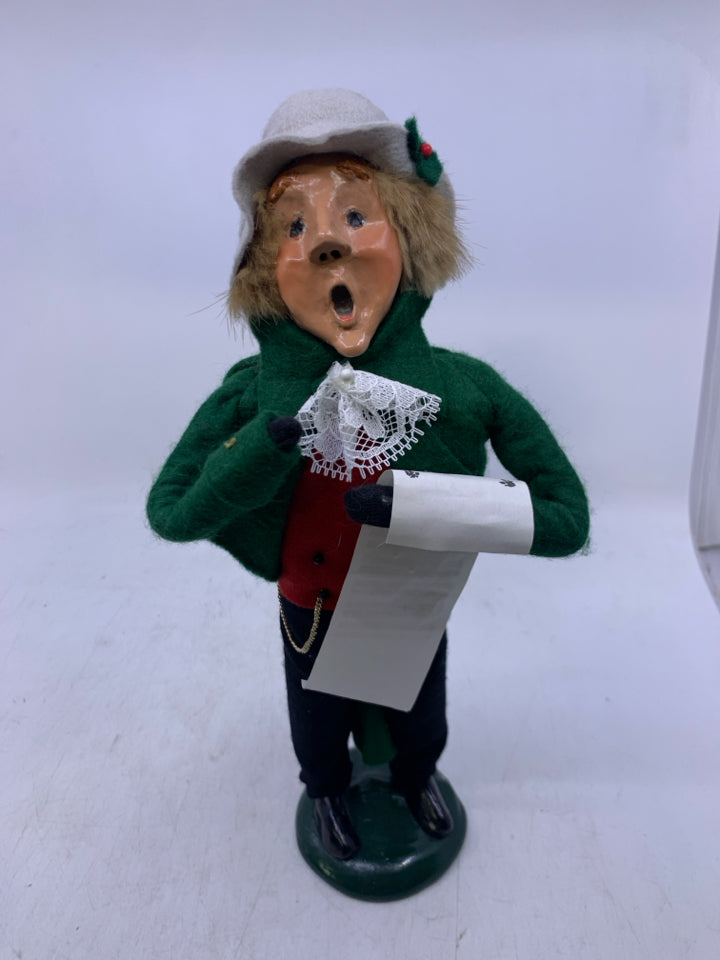 MAN CAROLER W/ GREEN COAT MUSIC NOTES LACE BOW TIE 1987 BYERS' CHOICE.