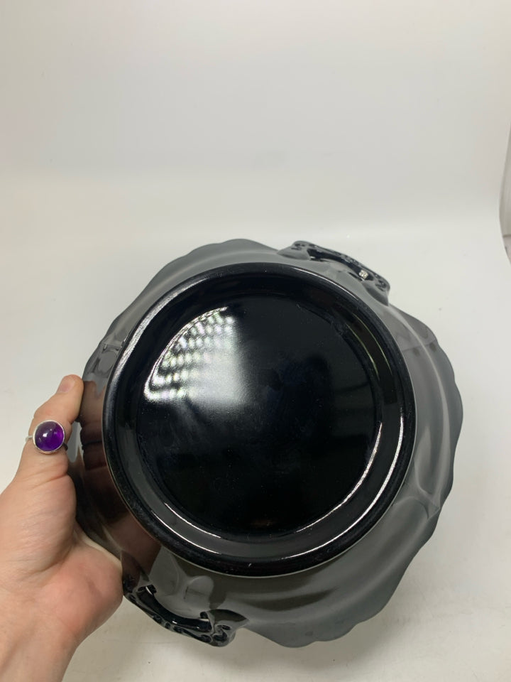 VTG FOOTED BLACK GLASS BOWL W/ HANDLES.