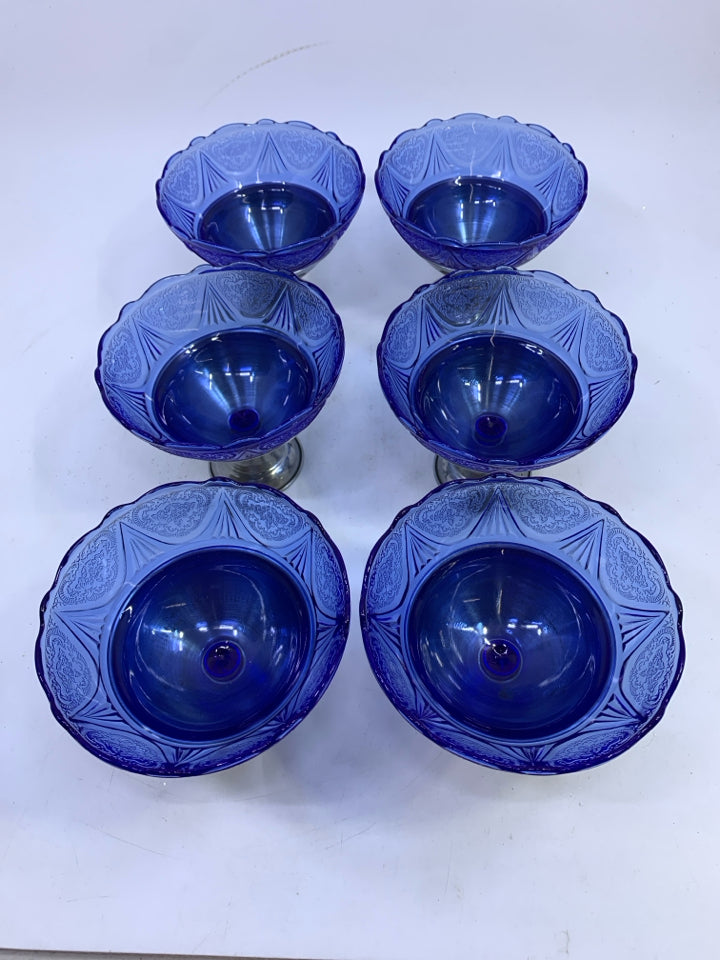 6 VTG COBALT BLUE GLASS SHERBET DISH WITH METAL HOLDER.