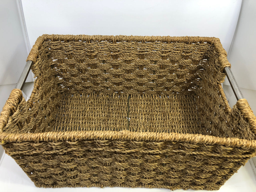 BROWN RECTANGLE BASKET W/SILVER HANDLES.