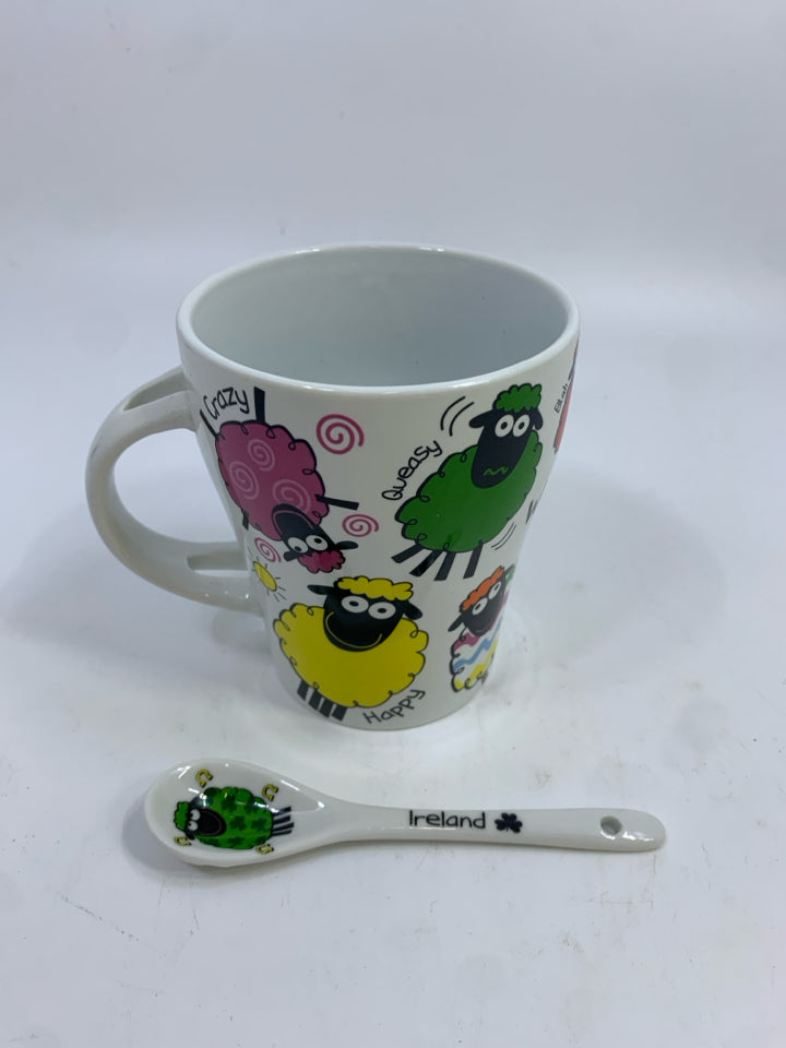 2PC WACKY WOOLLIES IRELAND COLORFUL SHEEP MUG & SPOON.
