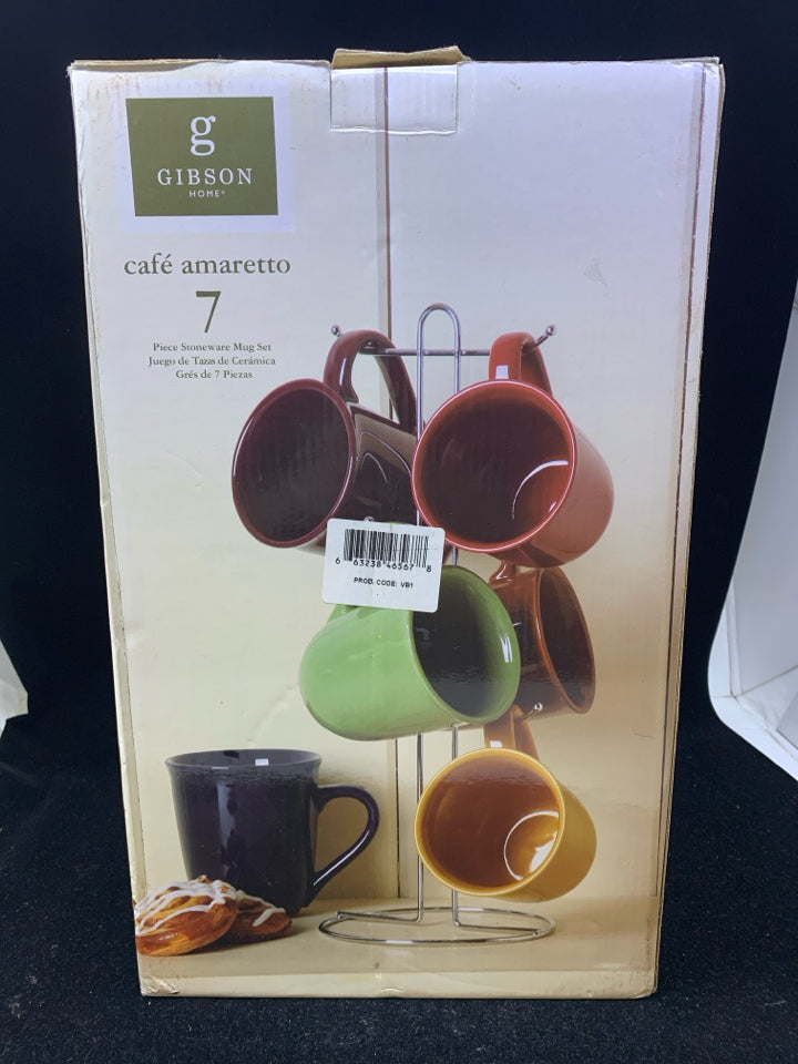 NIB 7 PC STONEWARE ASSORTED MUG SET + MUG TREE