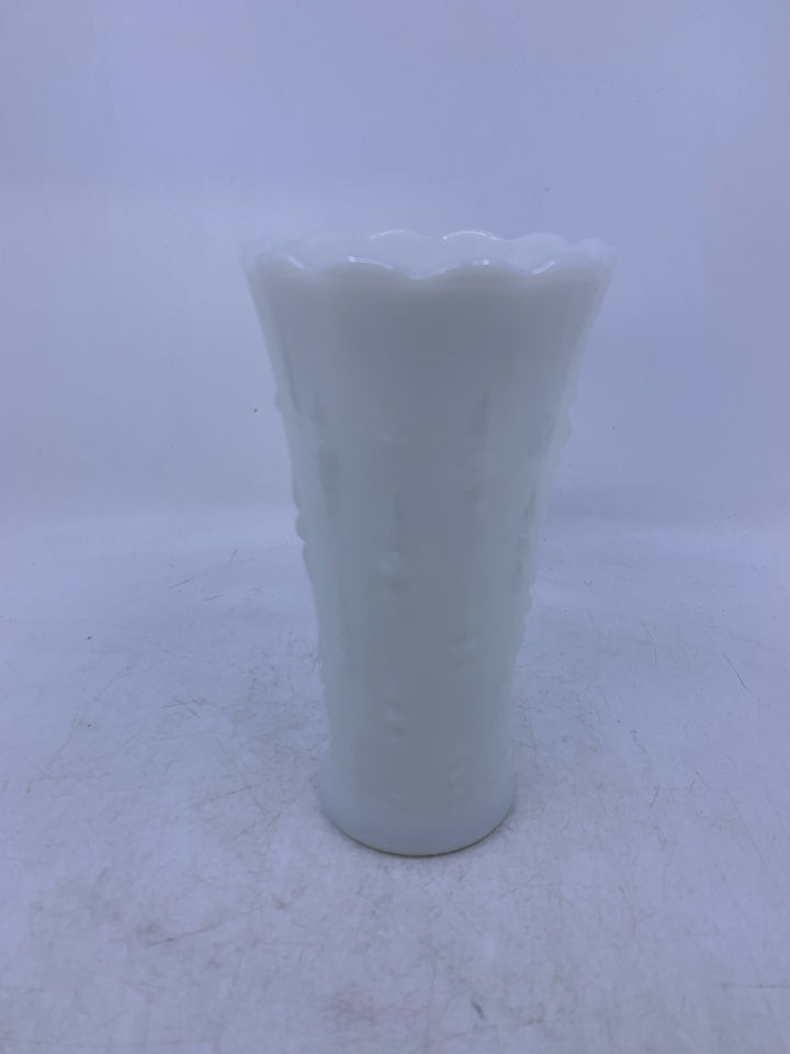 MILK GLASS VASE W/ EMBOSSED DETAILS SCALLOP EDGE.
