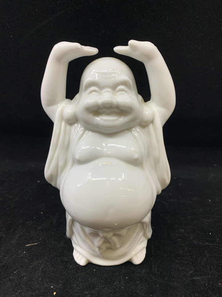 WHITE CERAMIC LUCKY BUDDHA FIGURINE.