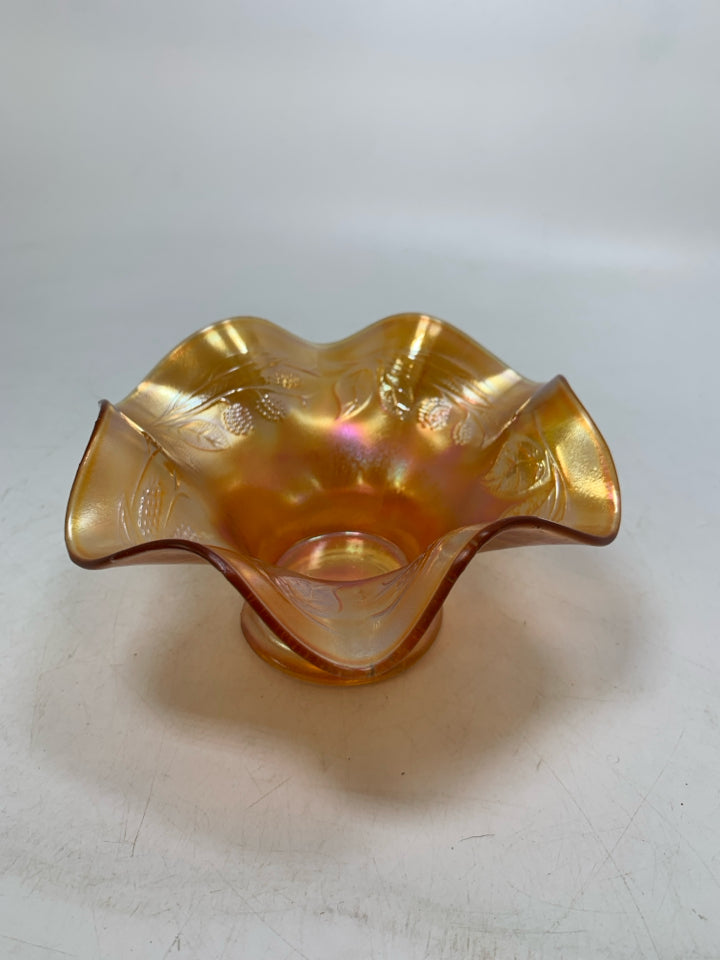 VTG CARNIVAL GLASS MARIGOLD SMALL RUFFLED EDGE DISH W/ EMBOSSED BERRIES LEAVES.