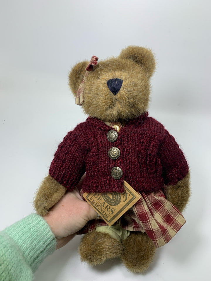 BOYDS BEAR W/ RED PLAID DRESS W/ MAROON SWEATER.