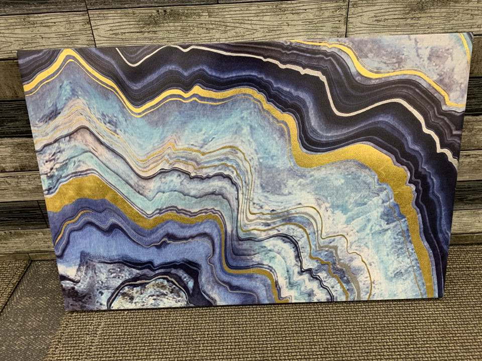 ABSTRACT ASSORTED BLUE LINES W/ GOLD DETAIL CANVAS.