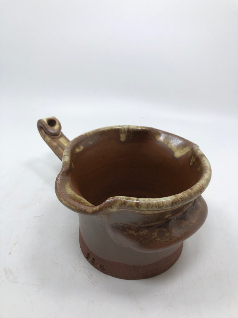 BROWN GLAZED POTTERY BUTTER WARMER.