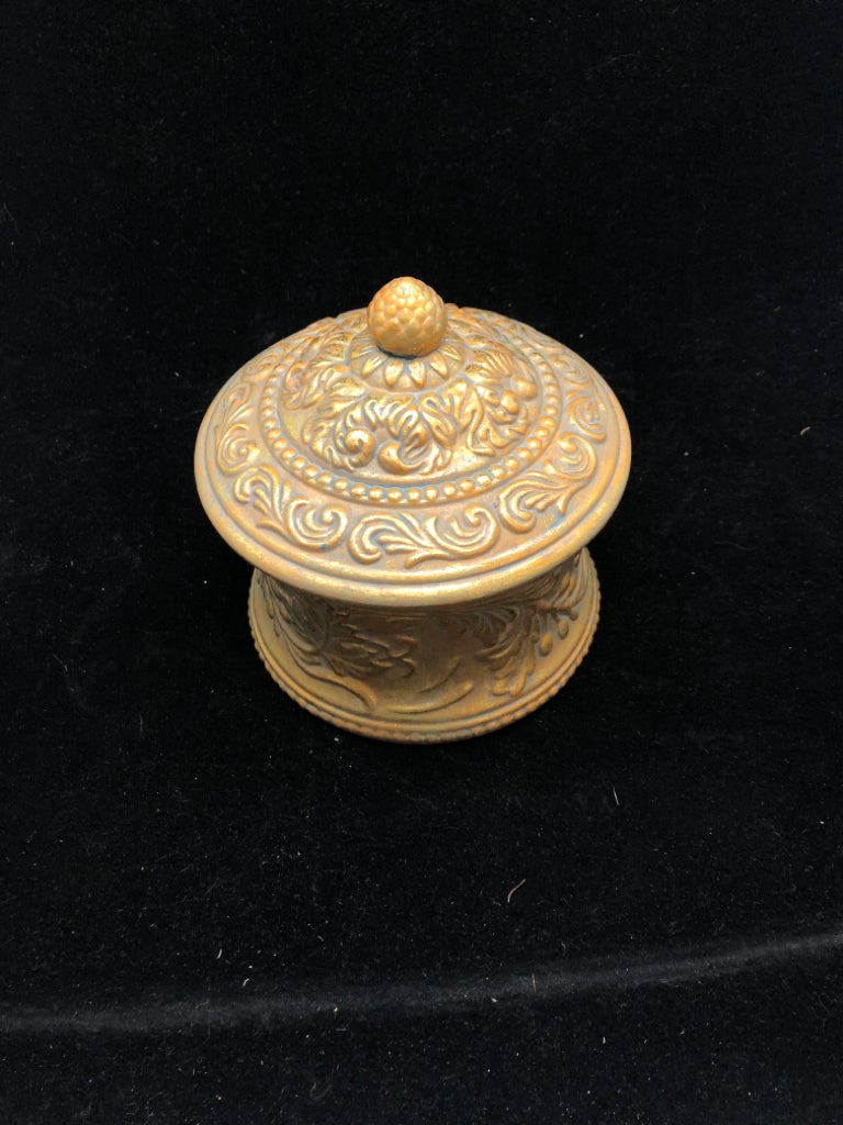 ROUND GOLD FLORAL KEEPSAKE BOX W/ LID.