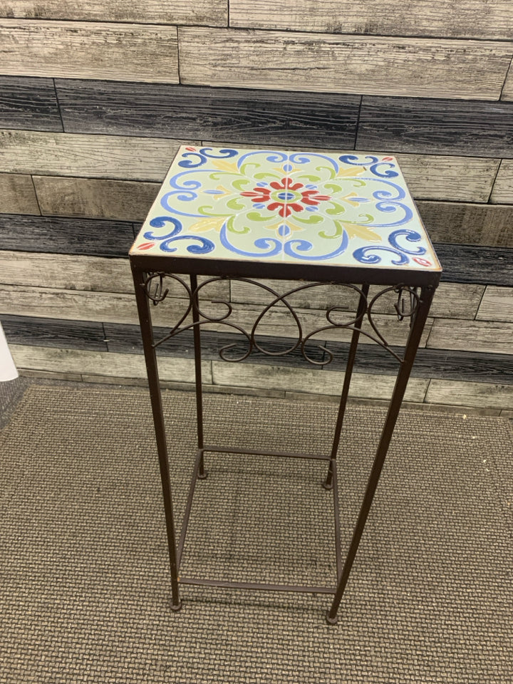 MULTI-COLORED TILE TOP METAL PLANT STAND.