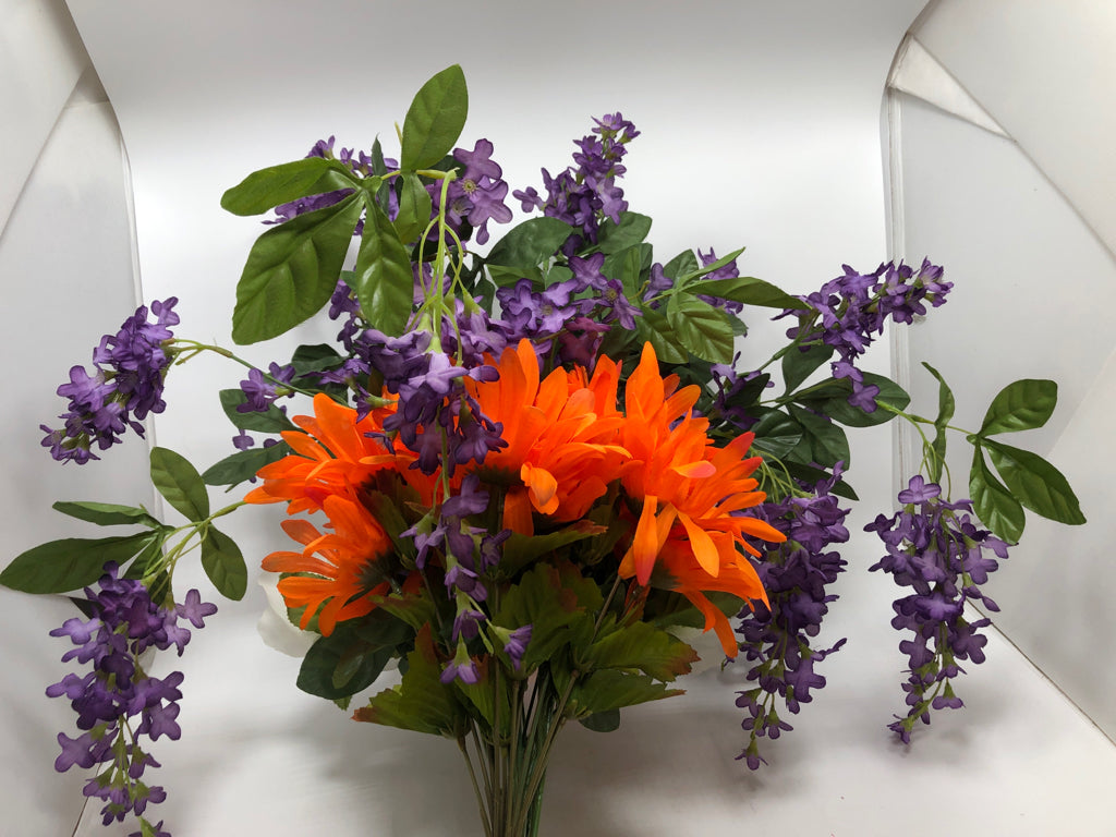 FAUX PINK/ORANGE BOUQUET W/PURPLE.