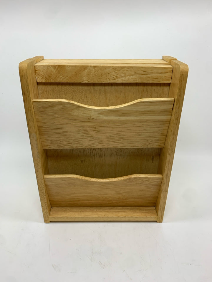 WOODEN MAIL ORGANIZER W/HIDDEN KEY HOOKS.