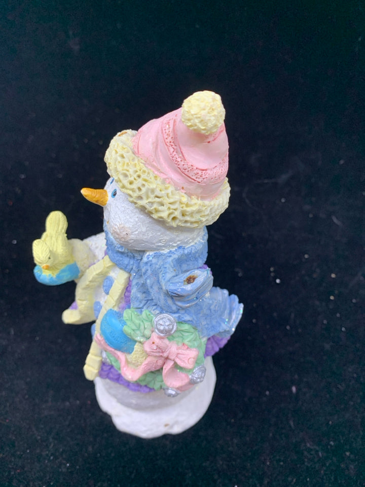 CERAMIC SNOWMAN HOLDING YELLOW BIRD.