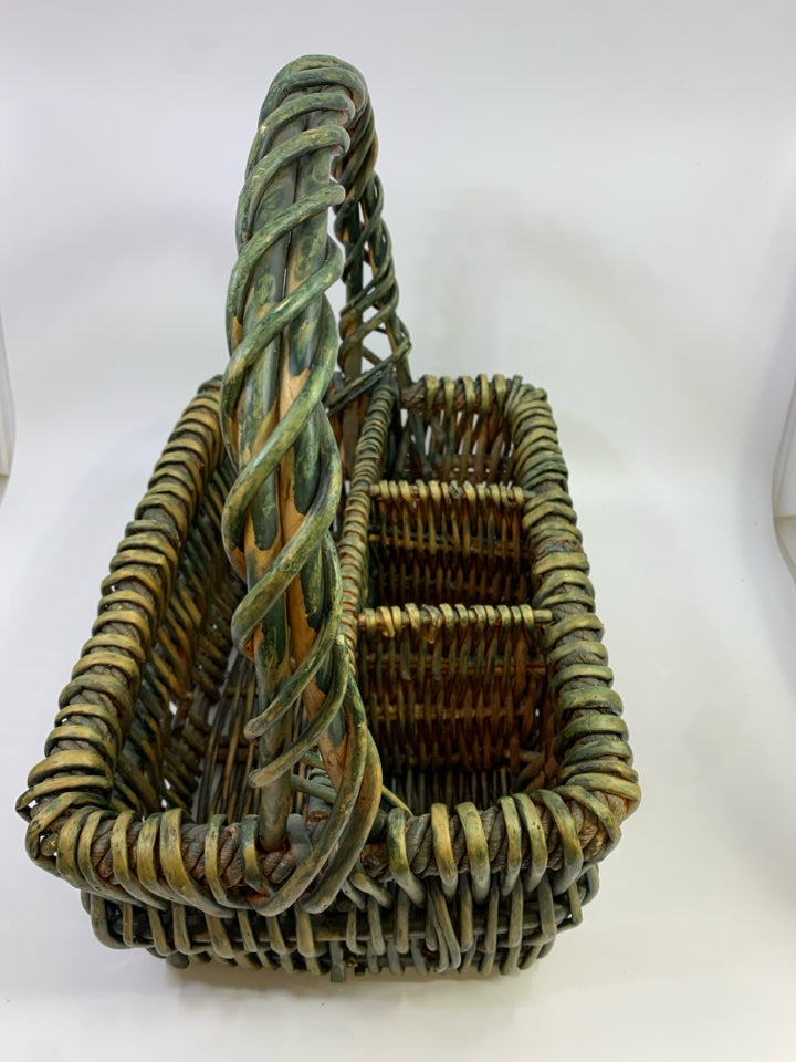 GREEN WOVEN UTENSIL BASKET.