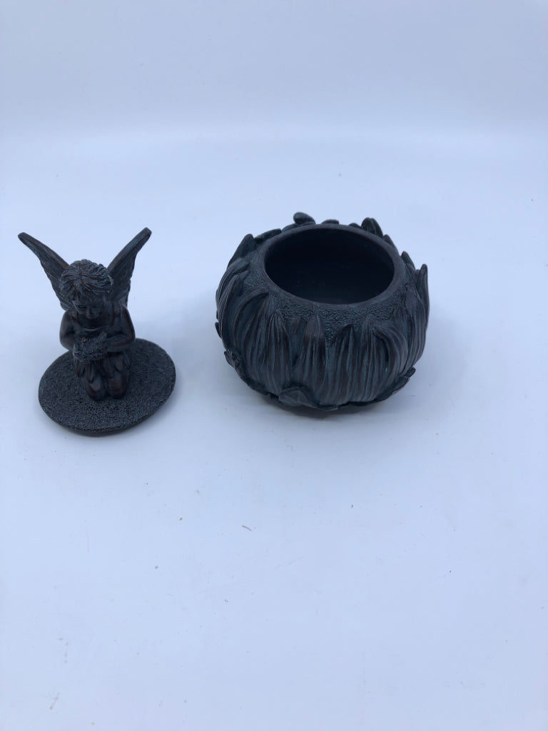 BLACK RESIN FAIRY TRINKET BOX.