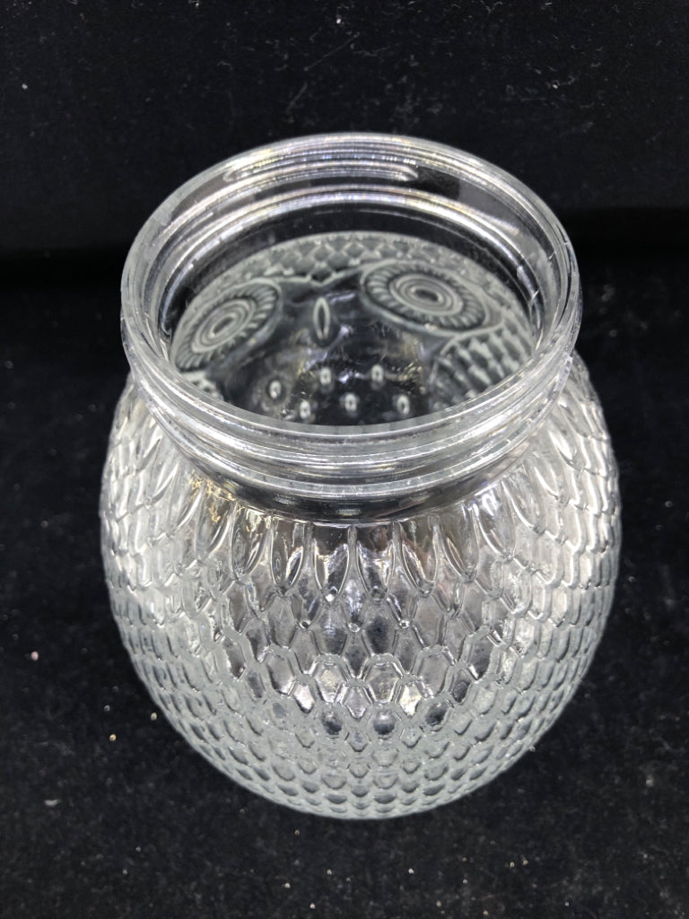 CLEAR GLASS OWL CANISTER W BLACK LID.