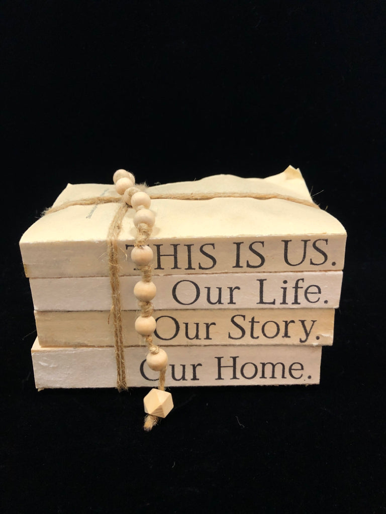 BEIGE BOOK STACK DECOR W/WOOD BEADS.