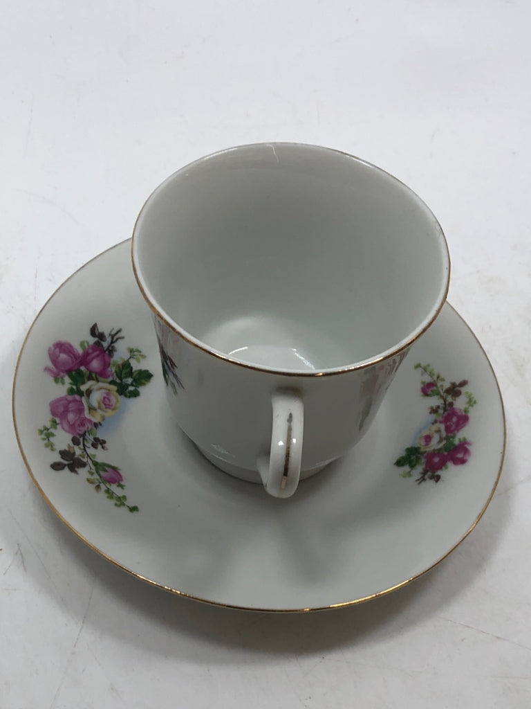 PINK FLORAL TEACUP/SAUCER.