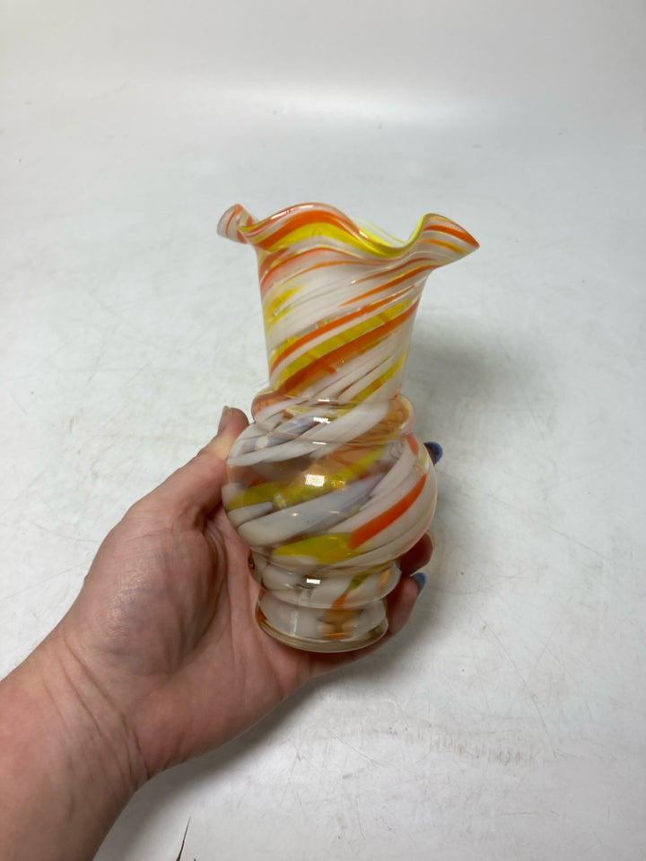 BLOWN GLASS ORANGE/YELLOW STRIPED VASE RUFFLE EDGE.
