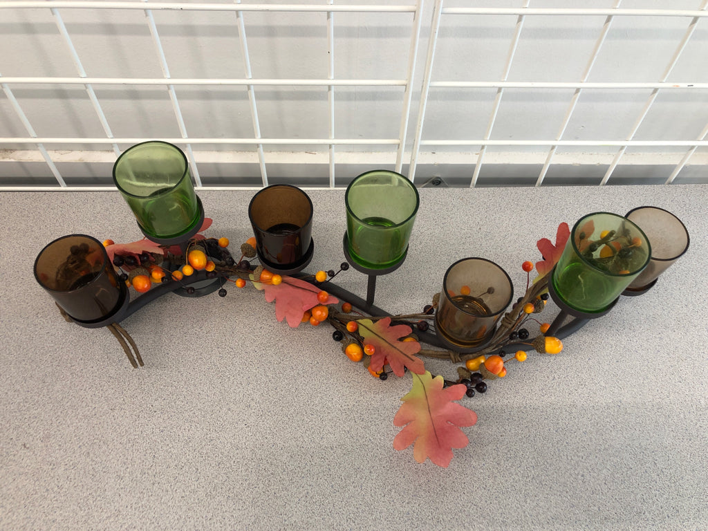 MAPLE LEAVES CANDLE HOLDER W/COLORFUL GLASS VOTIVES.