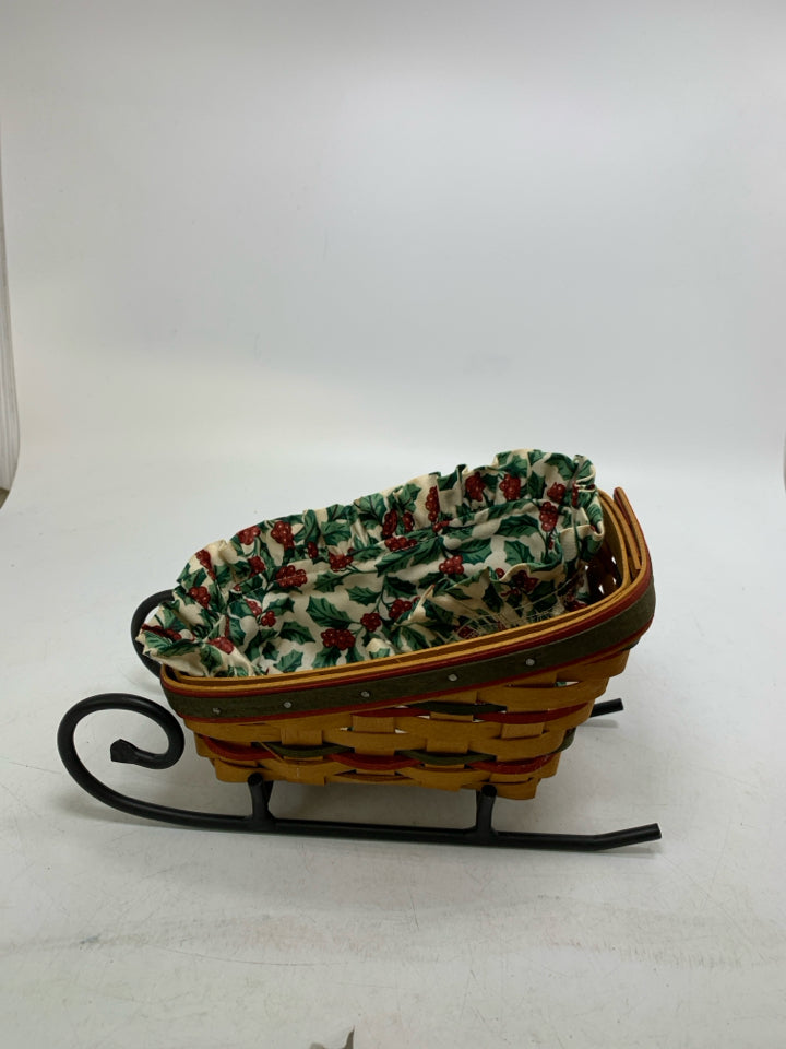 VTG DASH AWAY SLEIGH BASKET LONGABERGER W/ LINER WROUGHT IRON BASE 1998.