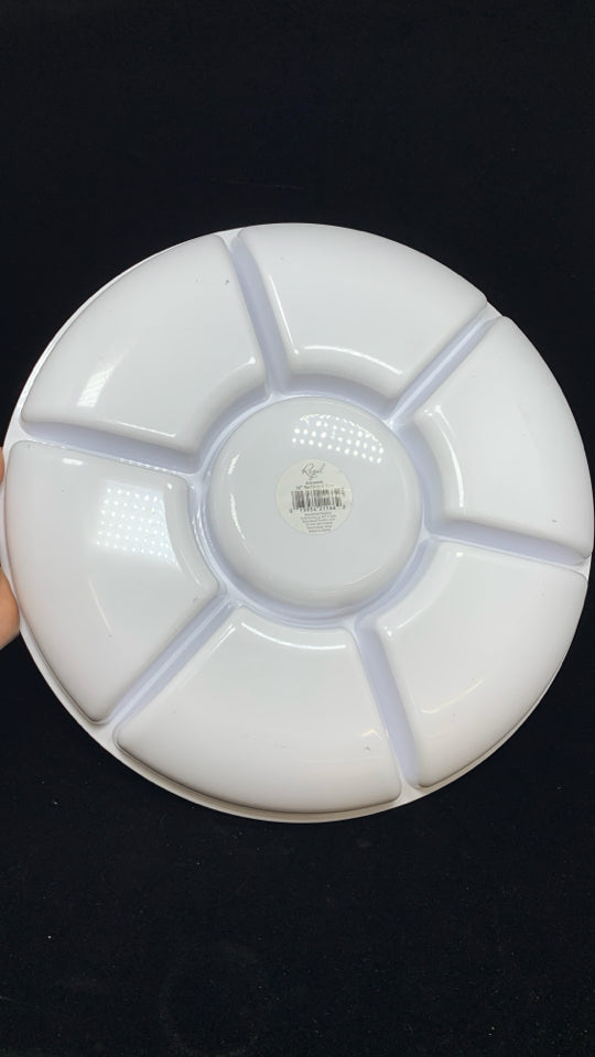 WHITE MELAMINE SNACK SERVING TRAY W/SILVER RIM.
