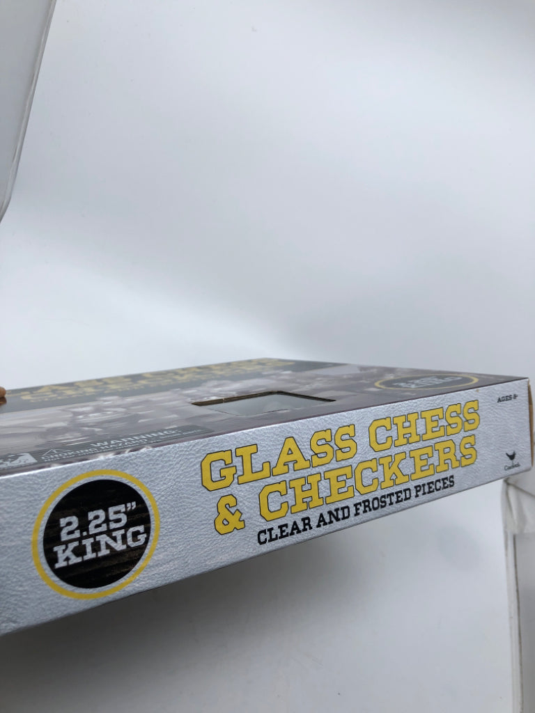 NIB GLASS CHESS CHECKERS SET.