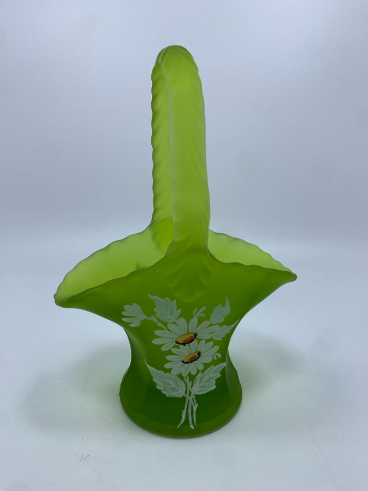 VTG GREEN MIST DAISY PAINTED GLASS BASKET.