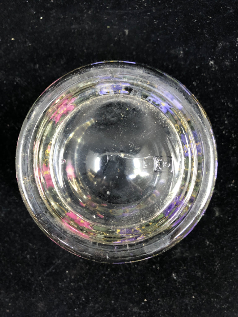 FOOTED GLASS BOWL W PINK AND PURPLE FLORAL.