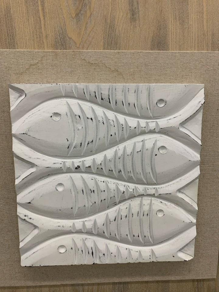 CARVED FISH WOOD & CANVAS WALL-HANGING.