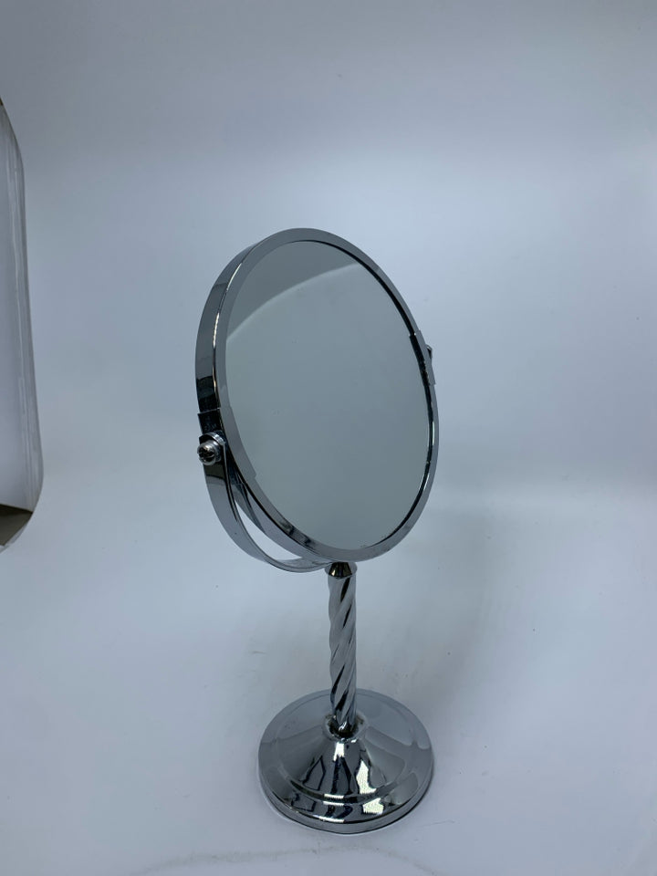SILVER METAL SMALL VANITY STANDING MIRROR.